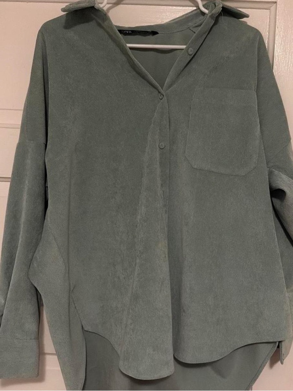 Zara Oversized Corduroy Button-Down Shirt in Sage Green